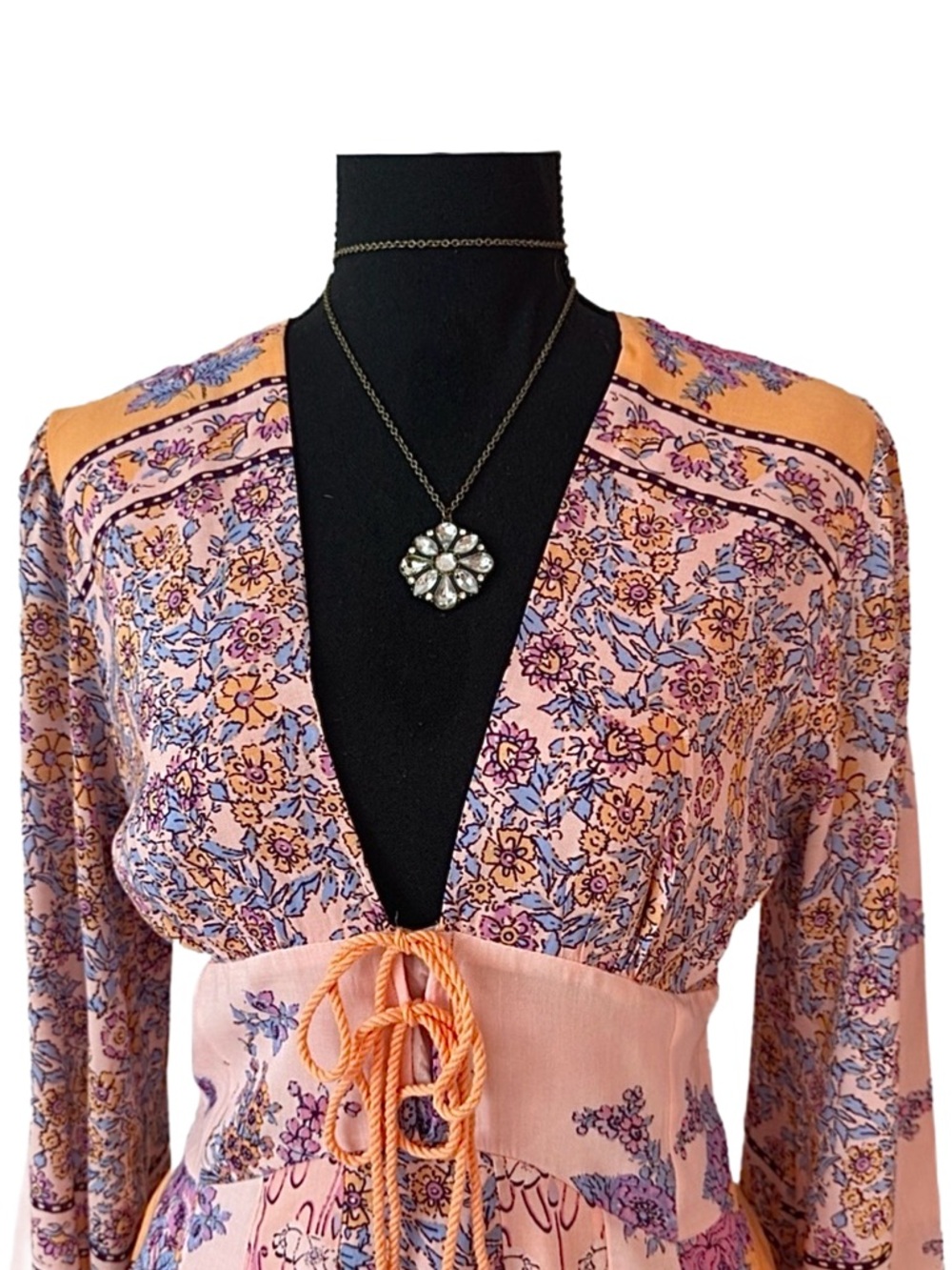 FREE PEOPLE ~ Long Flowy Sleeves Deep V Floral Multicolor Boho Dress fully Lined